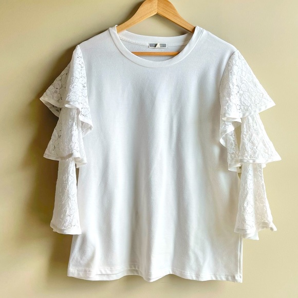 Pleione Tops - Pleione Lace Ruffle Tiered Sleeve Top